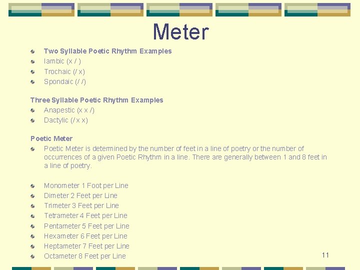 Meter Two Syllable Poetic Rhythm Examples Iambic (x / ) Trochaic (/ x) Spondaic