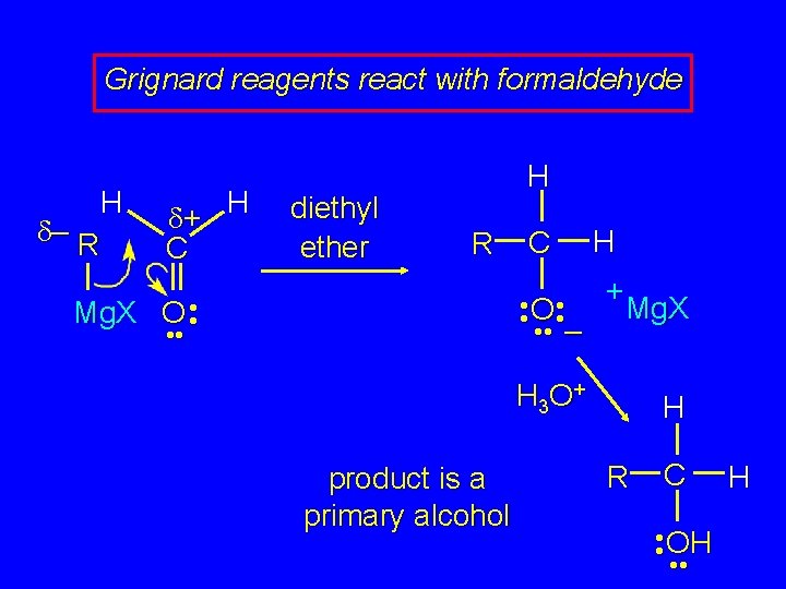 Grignard reagents react with formaldehyde H – R H + C diethyl ether H