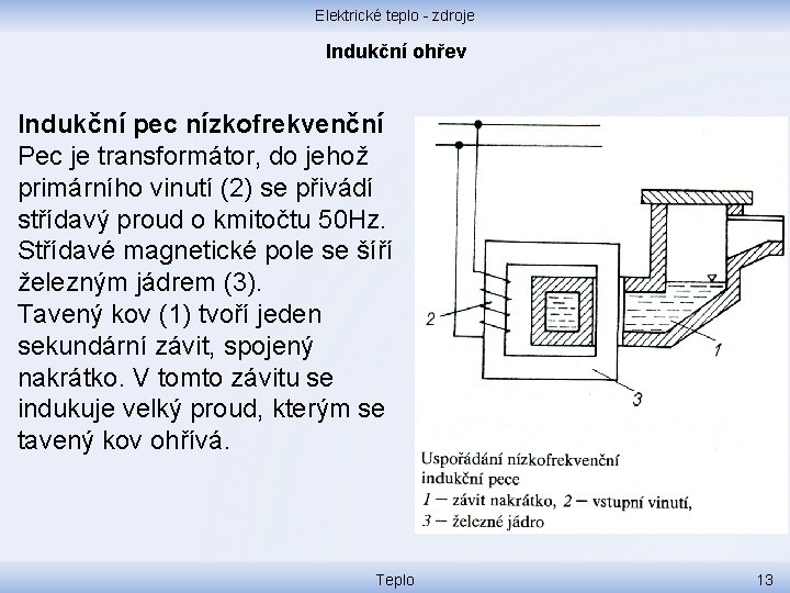 Elektrické teplo - zdroje Indukční ohřev Indukční pec nízkofrekvenční Pec je transformátor, do jehož