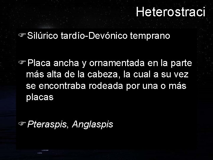 Heterostraci FSilúrico tardío-Devónico temprano FPlaca ancha y ornamentada en la parte más alta de