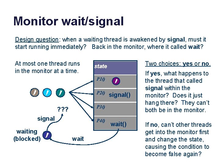 Monitor wait/signal Design question: when a waiting thread is awakened by signal, must it