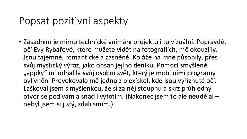 Popsat pozitivní aspekty • Zásadním je mimo technické vnímání projektu i to vizuální. Popravdě,