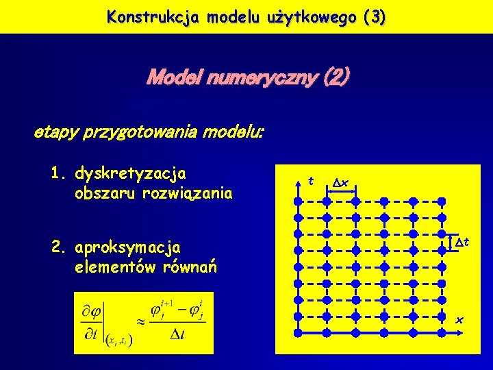 Konstrukcja modelu użytkowego (3) Model numeryczny (2) etapy przygotowania modelu: 1. dyskretyzacja obszaru rozwiązania