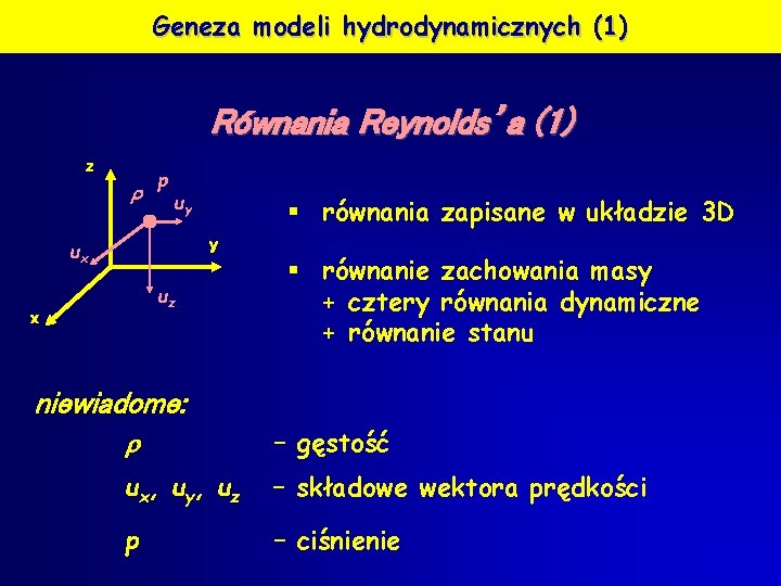 Geneza modeli hydrodynamicznych (1) Równania Reynolds’a (1) z p uy § równania zapisane w