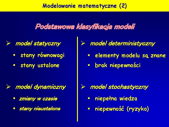 Modelowanie matematyczne (2) Podstawowa klasyfikacja modeli Ø model statyczny Ø model deterministyczny § stany