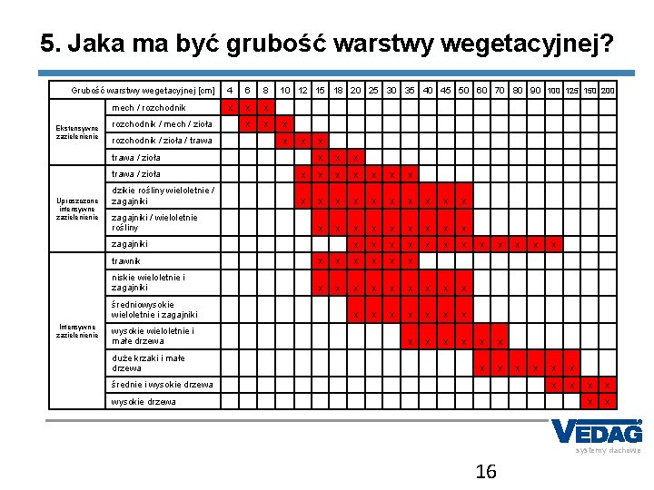 5. Jaka ma być grubość warstwy wegetacyjnej? 4 6 8 mech / rozchodnik X