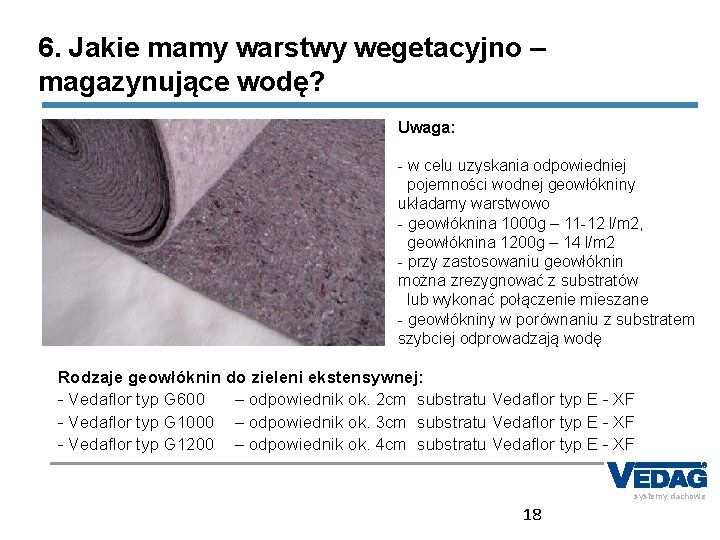 6. Jakie mamy warstwy wegetacyjno – Systemy dachów zielonych magazynujące wodę? Uwaga: - w