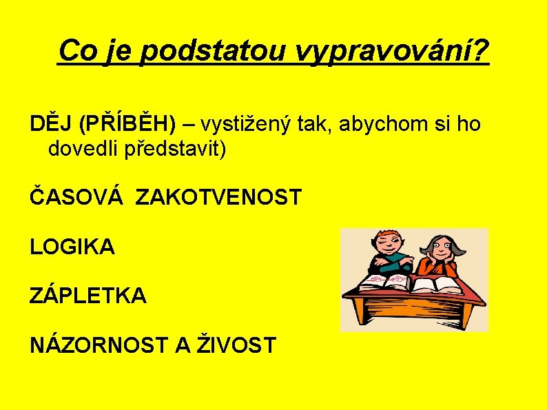 Co je podstatou vypravování? DĚJ (PŘÍBĚH) – vystižený tak, abychom si ho dovedli představit)