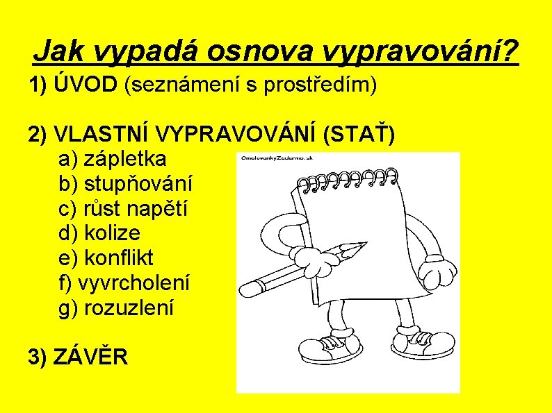 Jak vypadá osnova vypravování? 1) ÚVOD (seznámení s prostředím) 2) VLASTNÍ VYPRAVOVÁNÍ (STAŤ) a)