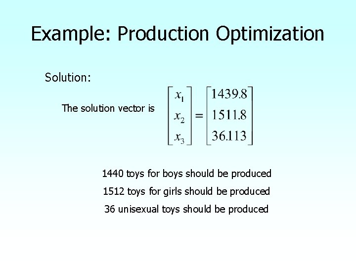 Example: Production Optimization Solution: The solution vector is 1440 toys for boys should be