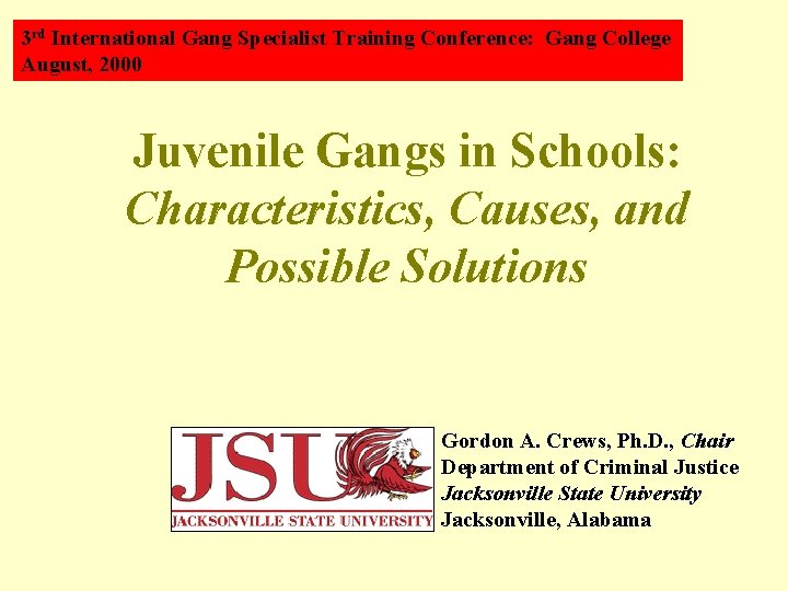3 rd International Gang Specialist Training Conference: Gang College August, 2000 Juvenile Gangs in