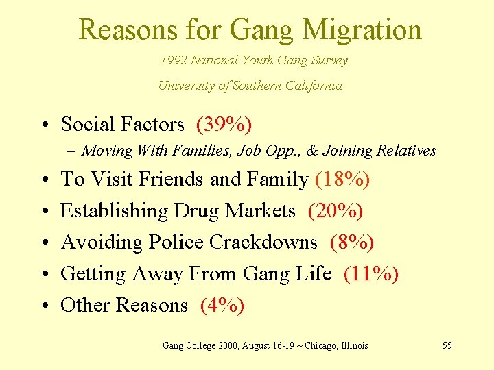 Reasons for Gang Migration 1992 National Youth Gang Survey University of Southern California •