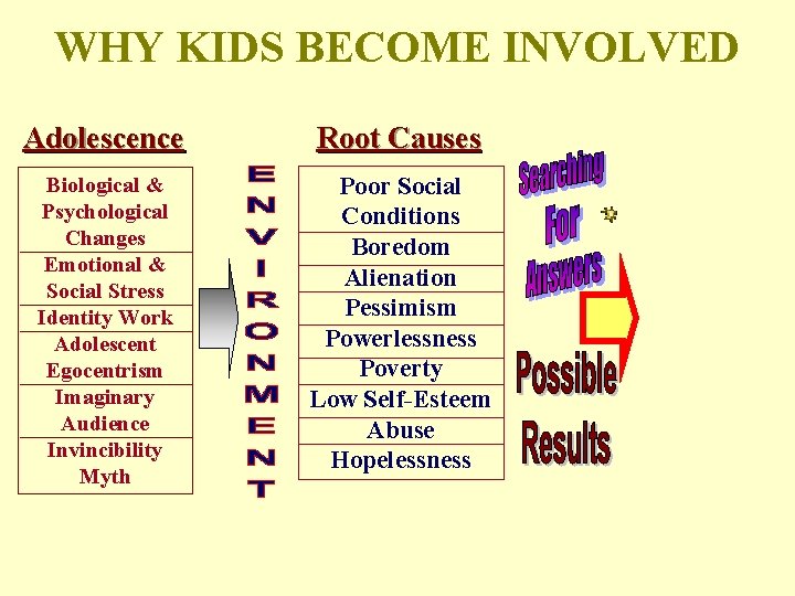 WHY KIDS BECOME INVOLVED Adolescence Root Causes Biological & Psychological Changes Emotional & Social