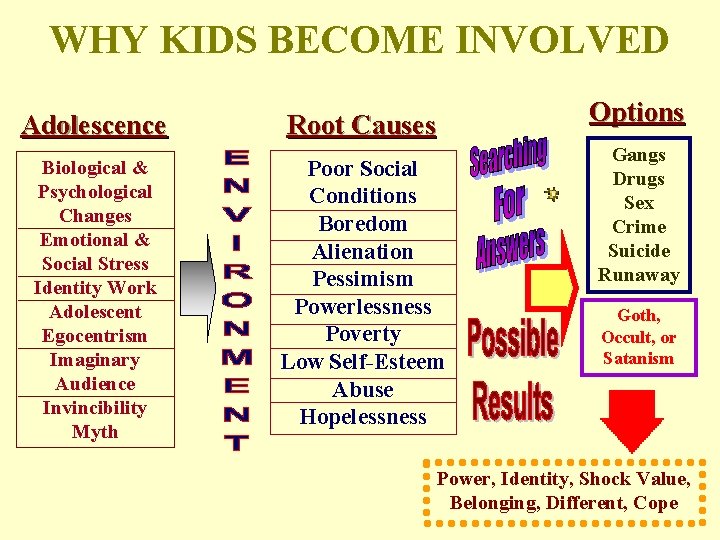 WHY KIDS BECOME INVOLVED Options Adolescence Root Causes Biological & Psychological Changes Emotional &