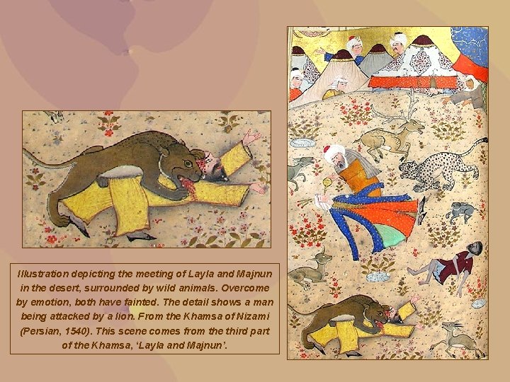 Illustration depicting the meeting of Layla and Majnun in the desert, surrounded by wild