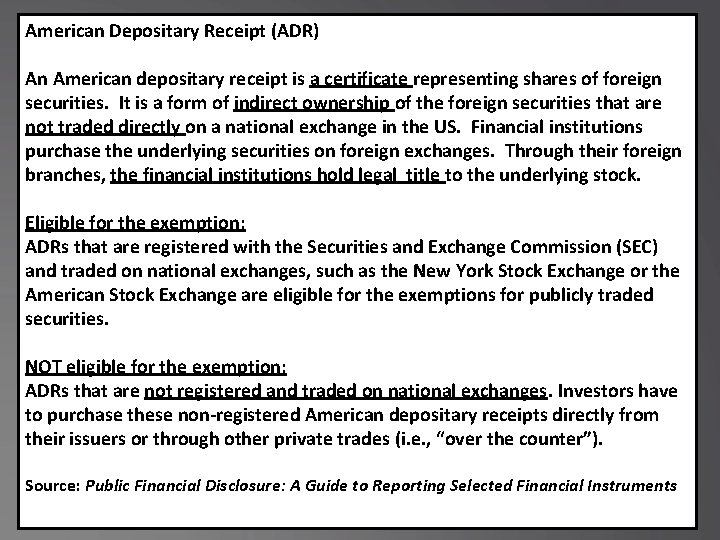 American Depositary Receipt (ADR) An American depositary receipt is a certificate representing shares of