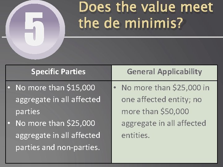 5 Does the value meet the de minimis? Specific Parties • No more than