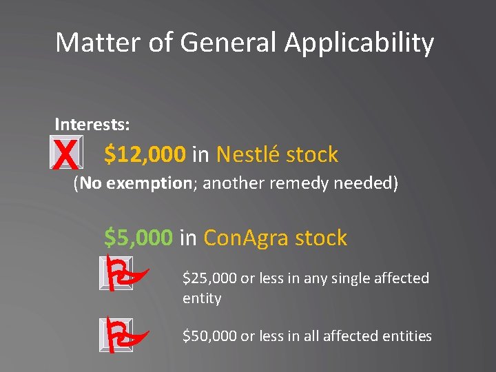 Matter of General Applicability Interests: $12, 000 in Nestlé stock X(No exemption; another remedy