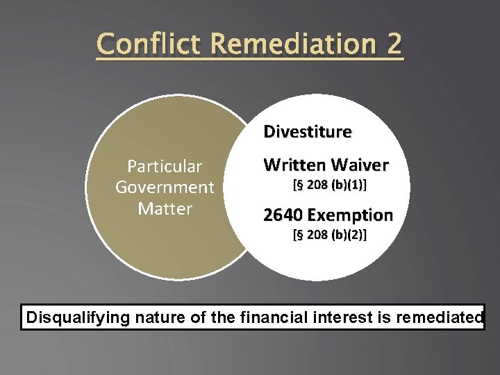 Conflict Remediation 2 Divestiture Particular Government Matter Written Waiver Financial [§ 208 (b)(1)] holding