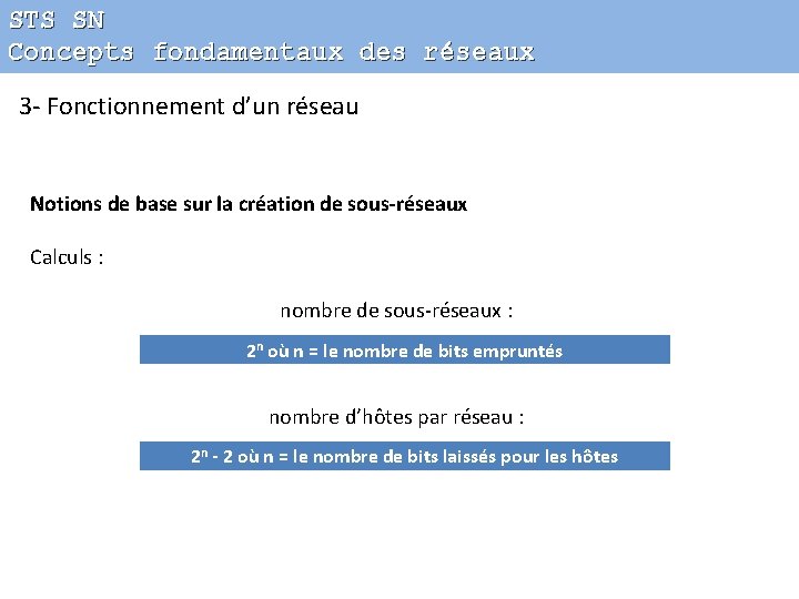 STS SN Concepts fondamentaux des réseaux 3 - Fonctionnement d’un réseau Notions de base