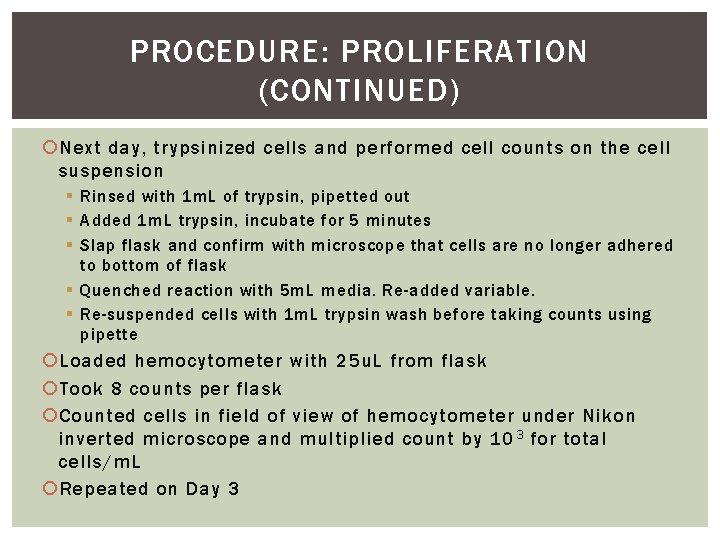PROCEDURE: PROLIFERATION (CONTINUED) Next day, trypsinized cells and performed cell counts on the cell