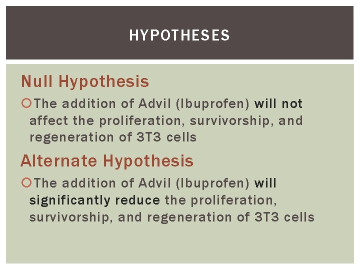 HYPOTHESES Null Hypothesis The addition of Advil (Ibuprofen) will not affect the proliferation, survivorship,