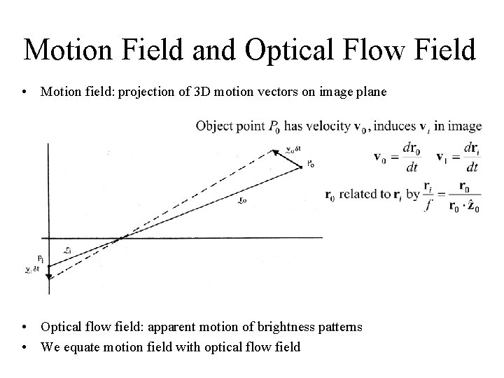 Motion Field and Optical Flow Field • Motion field: projection of 3 D motion