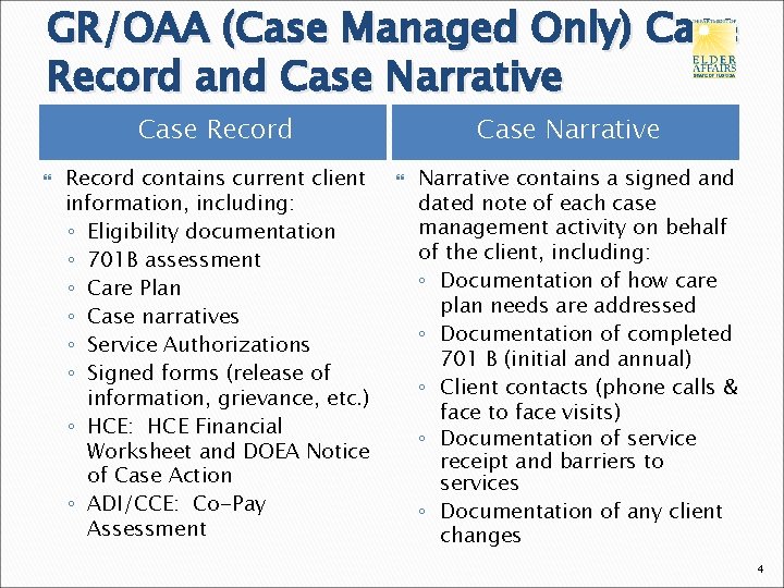 GR/OAA (Case Managed Only) Case Record and Case Narrative Case Record contains current client