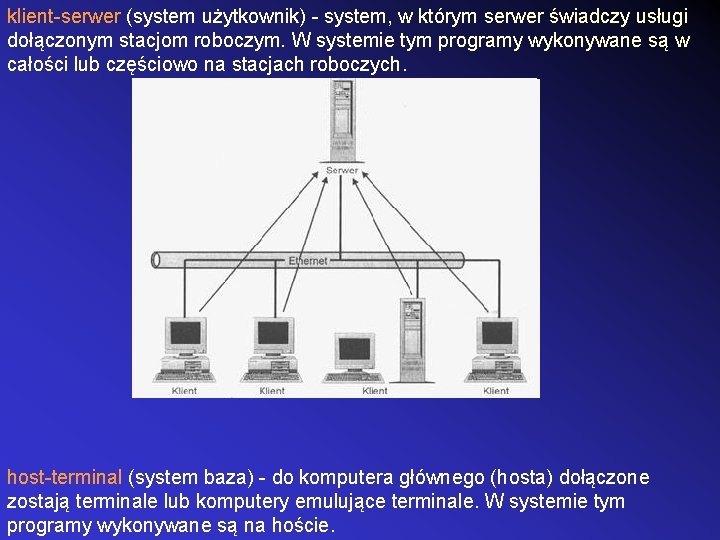 klient-serwer (system użytkownik) - system, w którym serwer świadczy usługi dołączonym stacjom roboczym. W