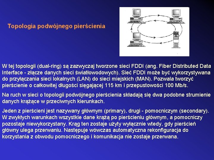 Topologia podwójnego pierścienia W tej topologii (dual-ring) są zazwyczaj tworzone sieci FDDI (ang. Fiber