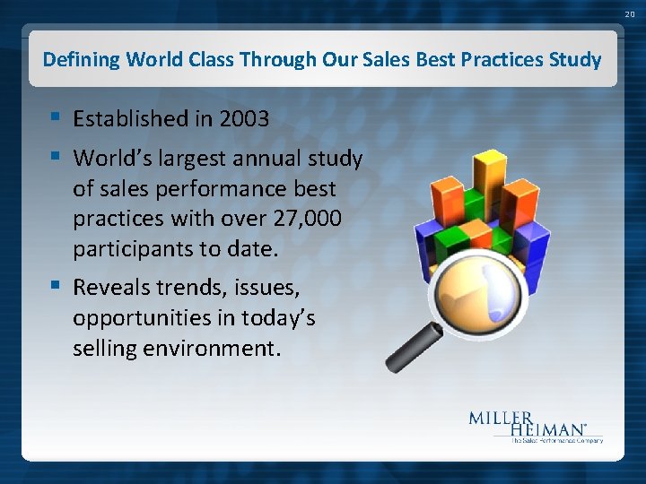 20 Defining World Class Through Our Sales Best Practices Study § Established in 2003