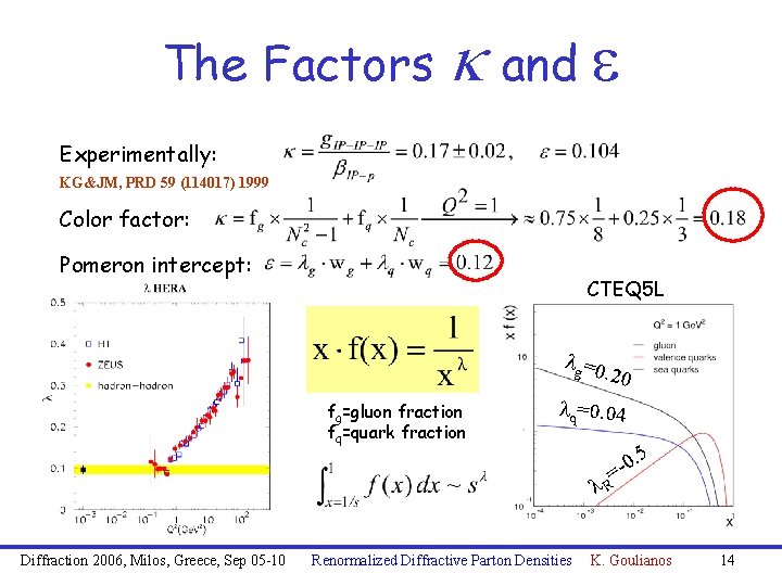 The Factors k and e Experimentally: KG&JM, PRD 59 (114017) 1999 Color factor: Pomeron