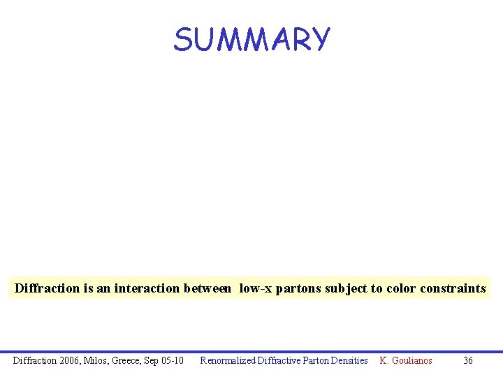 SUMMARY Diffraction is an interaction between low-x partons subject to color constraints Diffraction 2006,