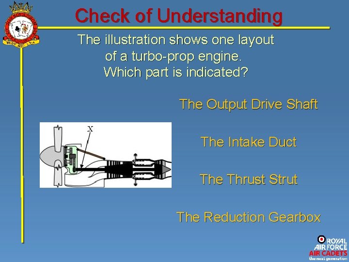 Check of Understanding The illustration shows one layout of a turbo-prop engine. Which part