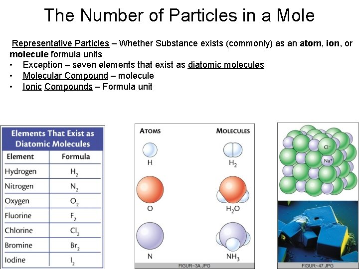 The Number of Particles in a Mole Representative Particles – Whether Substance exists (commonly) The Number of Particles in a Mole Representative Particles – Whether Substance exists (commonly)