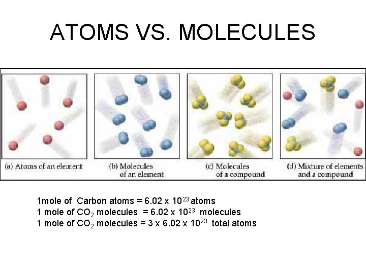 ATOMS VS. MOLECULES 1 mole of Carbon atoms = 6. 02 x 1023 atoms ATOMS VS. MOLECULES 1 mole of Carbon atoms = 6. 02 x 1023 atoms