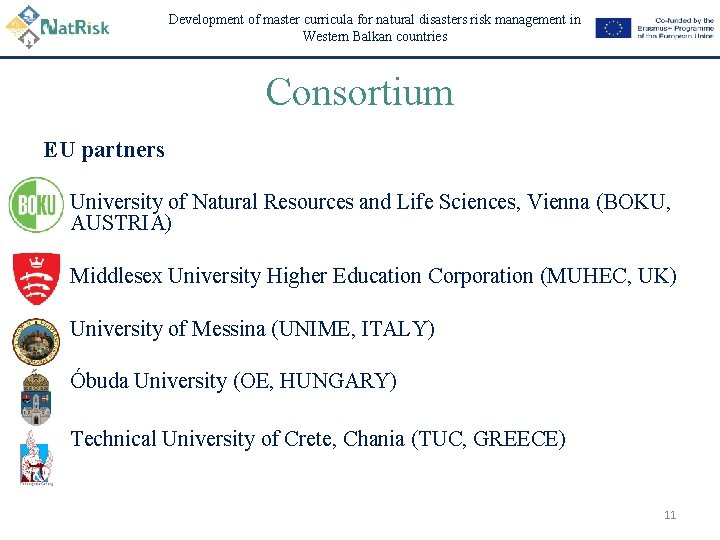 Development of master curricula for natural disasters risk management in Western Balkan countries Consortium
