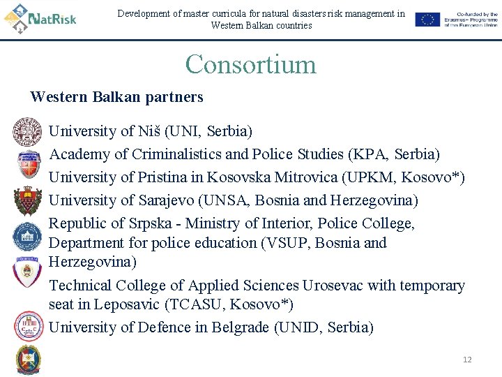 Development of master curricula for natural disasters risk management in Western Balkan countries Consortium