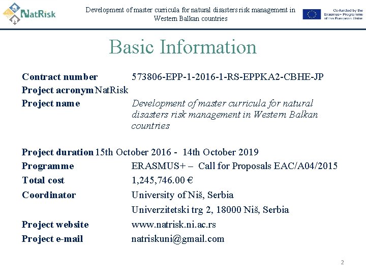 Development of master curricula for natural disasters risk management in Western Balkan countries Basic