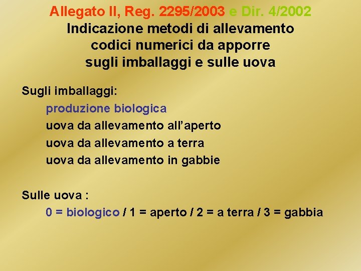 Allegato II, Reg. 2295/2003 e Dir. 4/2002 Indicazione metodi di allevamento codici numerici da