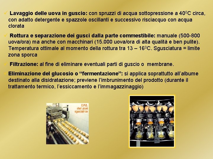 ü Lavaggio delle uova in guscio: con spruzzi di acqua sottopressione a 400 C