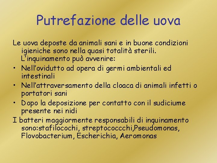 Putrefazione delle uova Le uova deposte da animali sani e in buone condizioni igieniche