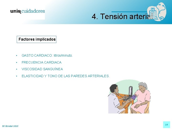 4. Tensión arterial Factores implicados • GASTO CARDIACO: litros/minuto. • FRECUENCIA CARDIACA • VISCOSIDAD