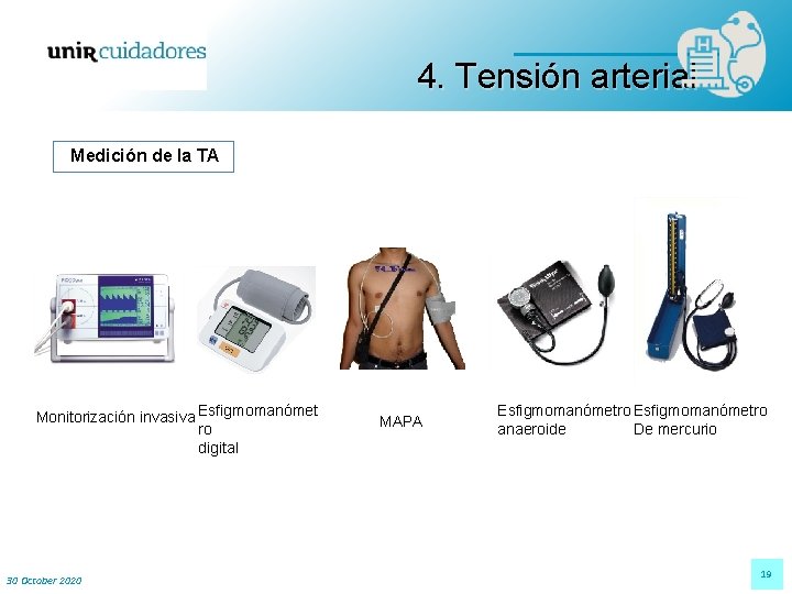 4. Tensión arterial Medición de la TA Monitorización invasiva Esfigmomanómet ro digital 30 October