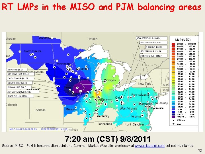 RT LMPs in the MISO and PJM balancing areas 7: 20 am (CST) 9/8/2011