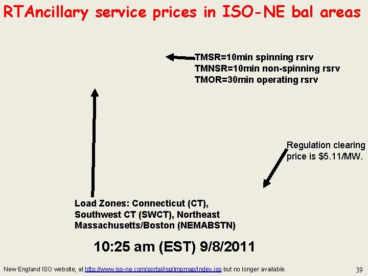 RTAncillary service prices in ISO-NE bal areas TMSR=10 min spinning rsrv TMNSR=10 min non-spinning