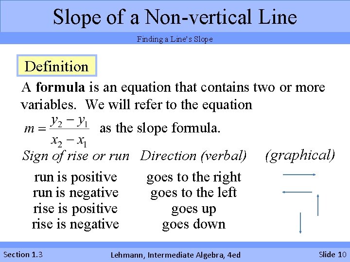 Slope of a Non-vertical Line Finding a Line’s Slope Definition A formula is an