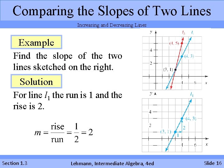 Comparing the Slopes of Two Lines Increasing and Decreasing Lines Example Find the slope