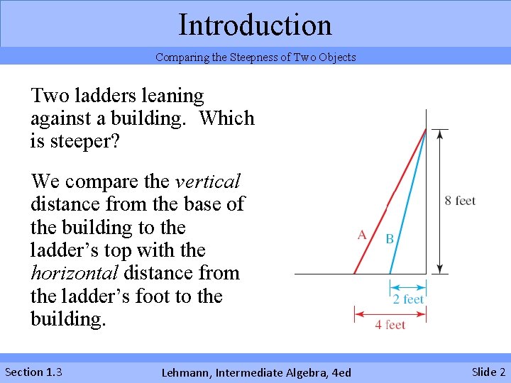 Introduction Comparing the Steepness of Two Objects Two ladders leaning against a building. Which