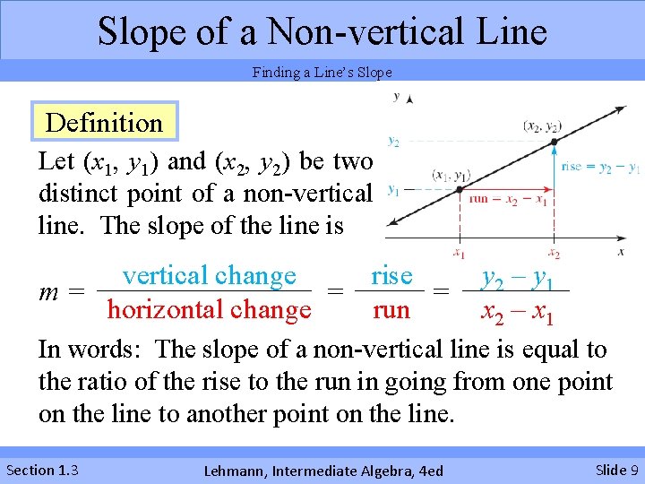 Slope of a Non-vertical Line Finding a Line’s Slope Definition Let (x 1, y